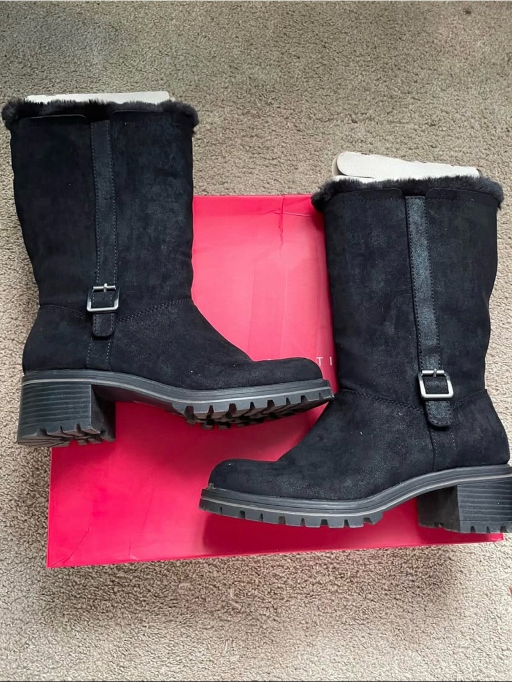 Black Suede Fur-Lined Mid-Calf Boots - Women